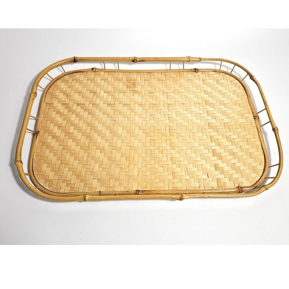1960s Bamboo & Rattan Tiki Trays Set of 2 Boho Coastal Chic